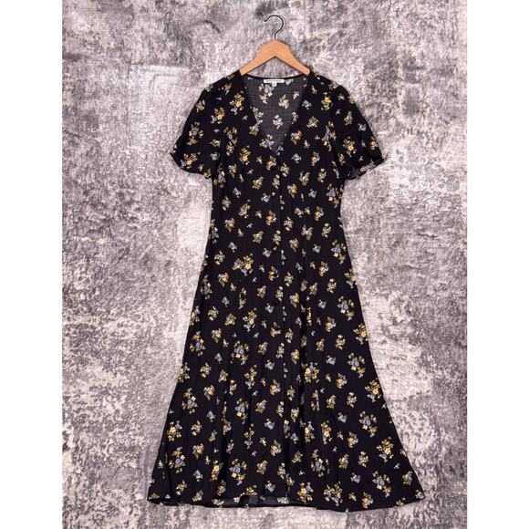 Reformation Dress 6 Womens Black Floral Button Front Midi - Picture 1 of 9